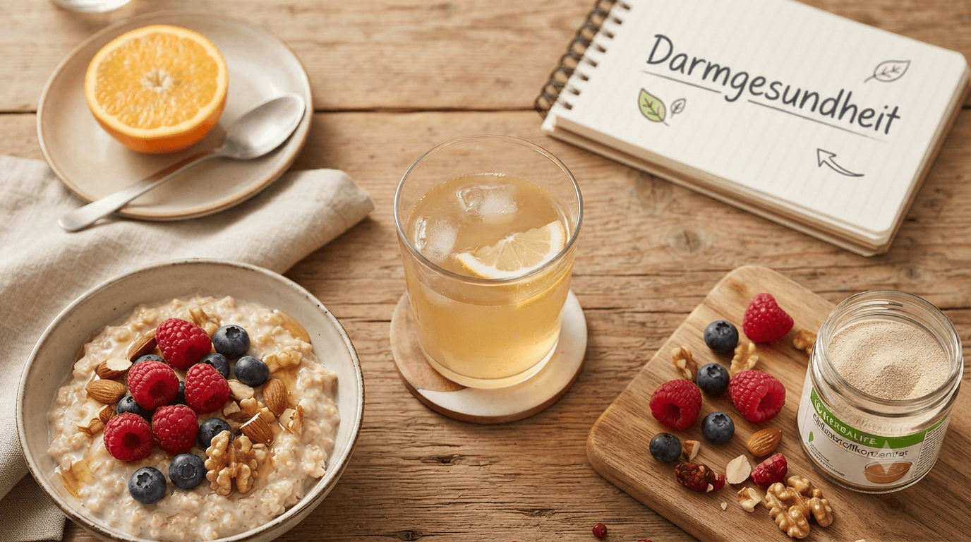Glas mit Ballaststoffkonzentrat, daneben eine Schüssel mit Haferflocken, Nüssen und Beeren auf einem Holztisch mit Notizbuch